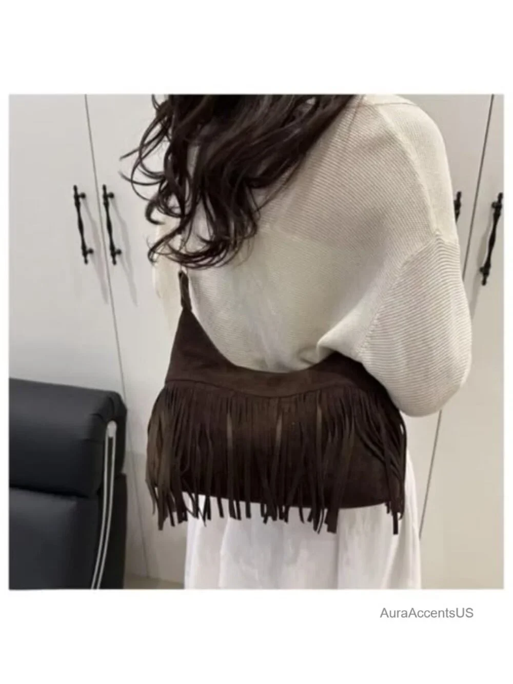 Faux Leather Fringe Hobo Shoulder Crossbody Bag Vegan Suede Tassel